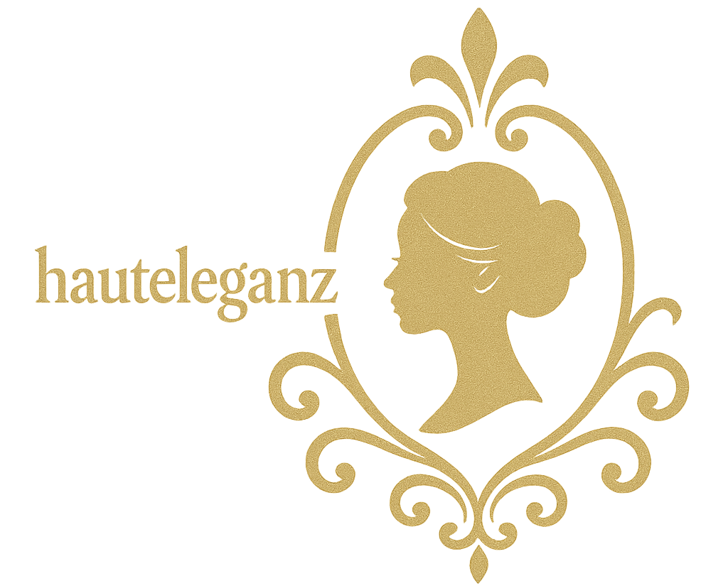 Elegantes goldenes Logo von Hauteleganz mit silhouettenhaftem Frauenprofil
